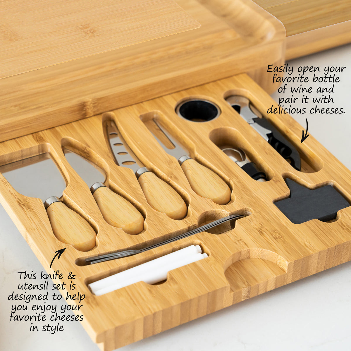 Bamboo Cheese Board Set ? 4-Drawer Charcuterie Platter with Ceramic Bowls & Utensils