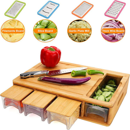 1pc, Bamboo Cutting Board With Drawer Tray, Bamboo Cutting Board With Sliding Out Tray, Chopping Board, Fruit Cutting Board, Kitchen Utensils, Apartment Essentials