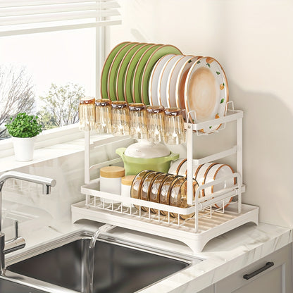 1pc Large Capacity 2-Tier Dish Drying Rack with Drainboard, Double-Layer Bowl & Cup Rack, Detachable Over The Sink Organizer for Kitchen Counter, Black & White - Ideal for Plates, Bowls, Cups & Cutlery Storage, Dish Drying Ra