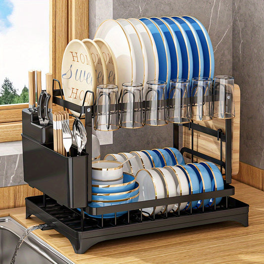 1pc Large Capacity 2-Tier Dish Drying Rack with Drainboard, Double-Layer Bowl & Cup Rack, Detachable Over The Sink Organizer for Kitchen Counter, Black & White - Ideal for Plates, Bowls, Cups & Cutlery Storage, Dish Drying Ra