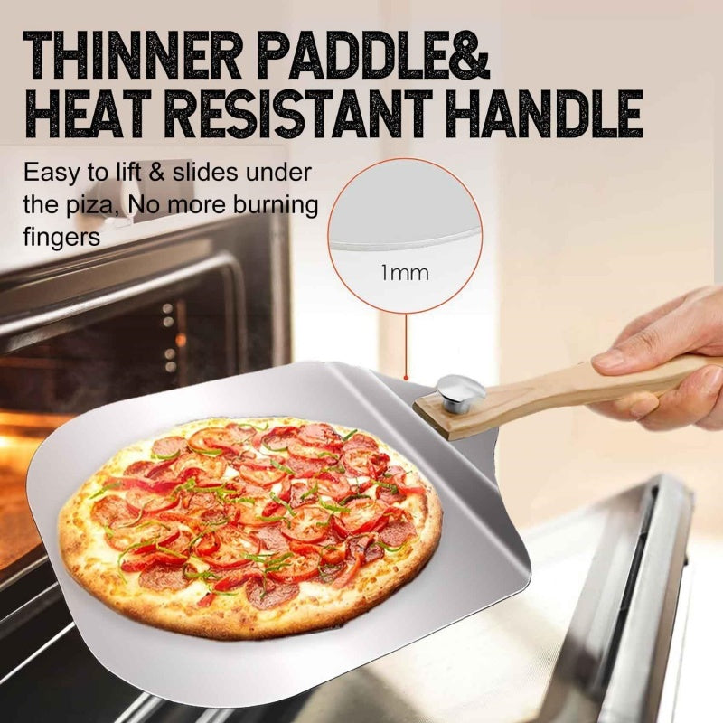 12" Aluminum Pizza Peel – Foldable Wooden Handle Pizza Paddle for Oven & Grill