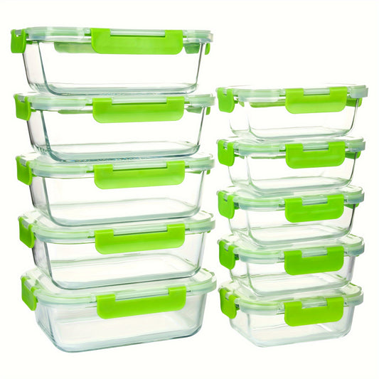 10pcs Storage Containers, Leak Proof Glass Meal Prep Containers, Reusable And Stackable Food Storage Containers With Lids Airtight, Green, For Camping, Picnic, School, Office And College, Kitchen Organizers And Storage, Kitch
