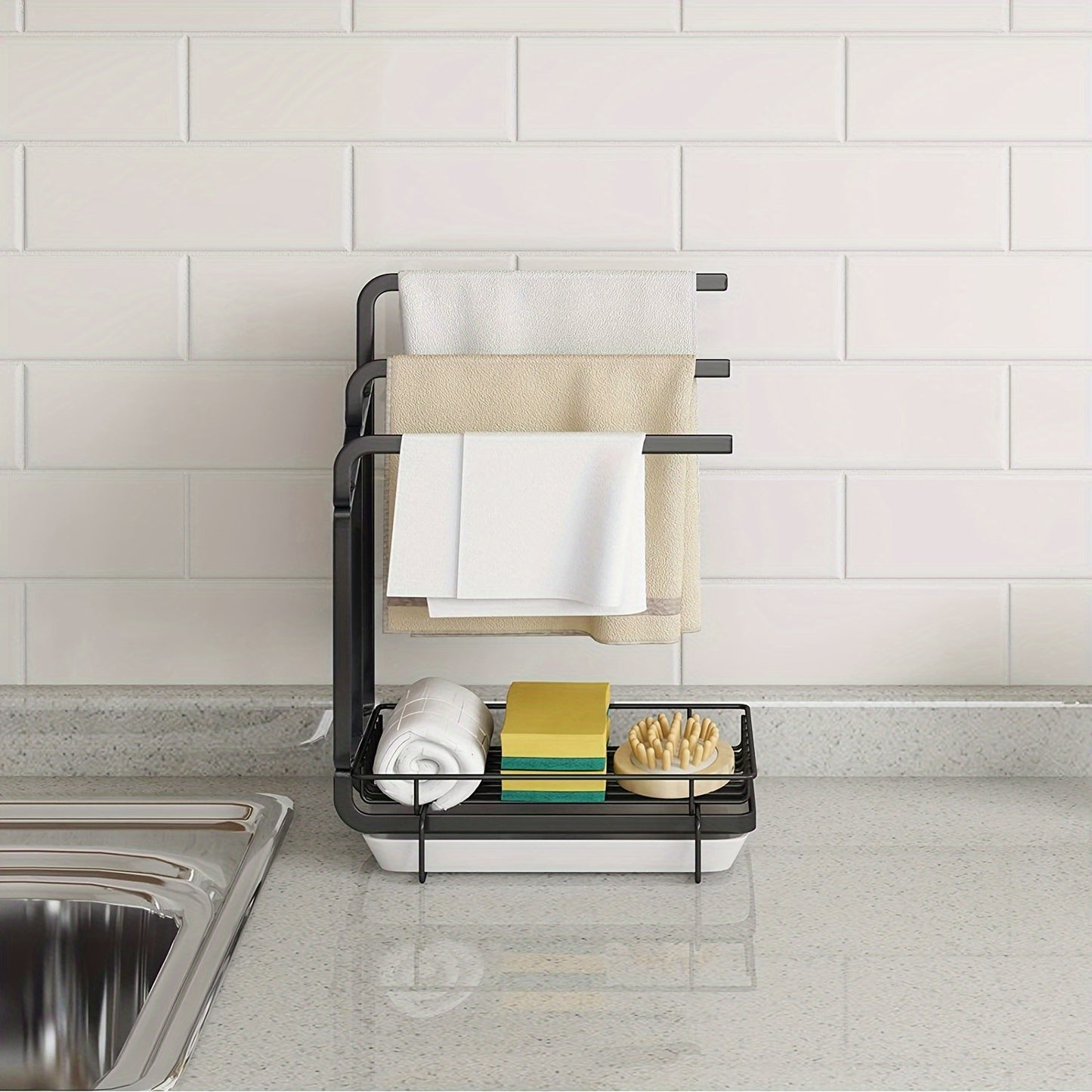1 sink rack kitchen sponge rack, kitchen sink countertop rag holder tray, soap dispenser brush drain rack storage rack with removable drain tray