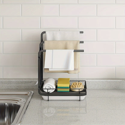 1 sink rack kitchen sponge rack, kitchen sink countertop rag holder tray, soap dispenser brush drain rack storage rack with removable drain tray