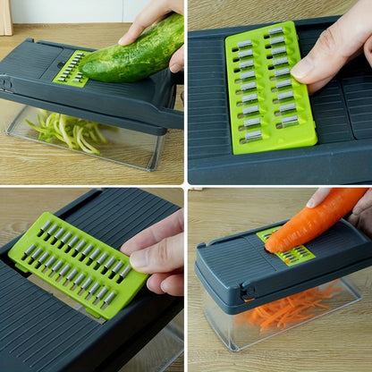 14-Piece Stainless Steel Vegetable Chopper Set - Multifunctional Fruit and Food Slicer, Grater, Cutter with Container, Interchangeable Blades, and Onion Mincer - Manual Operation, Easy to Use, Space-Saving, and Durable Kitche