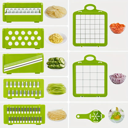 14-Piece Stainless Steel Vegetable Chopper Set - Multifunctional Fruit and Food Slicer, Grater, Cutter with Container, Interchangeable Blades, and Onion Mincer - Manual Operation, Easy to Use, Space-Saving, and Durable Kitche
