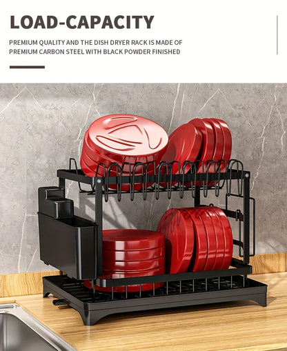 1pc Large Capacity 2-Tier Dish Drying Rack with Drainboard, Double-Layer Bowl & Cup Rack, Detachable Over The Sink Organizer for Kitchen Counter, Black & White - Ideal for Plates, Bowls, Cups & Cutlery Storage, Dish Drying Ra