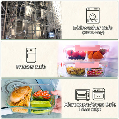 5-Piece Glass Food Storage Set with Airtight Leakproof Lids - BPA-Free, 3-Compartment, 34oz Capacity - Ideal for Meal Prep, Meat, Fruits & Vegetables - Kitchen Organization Essential