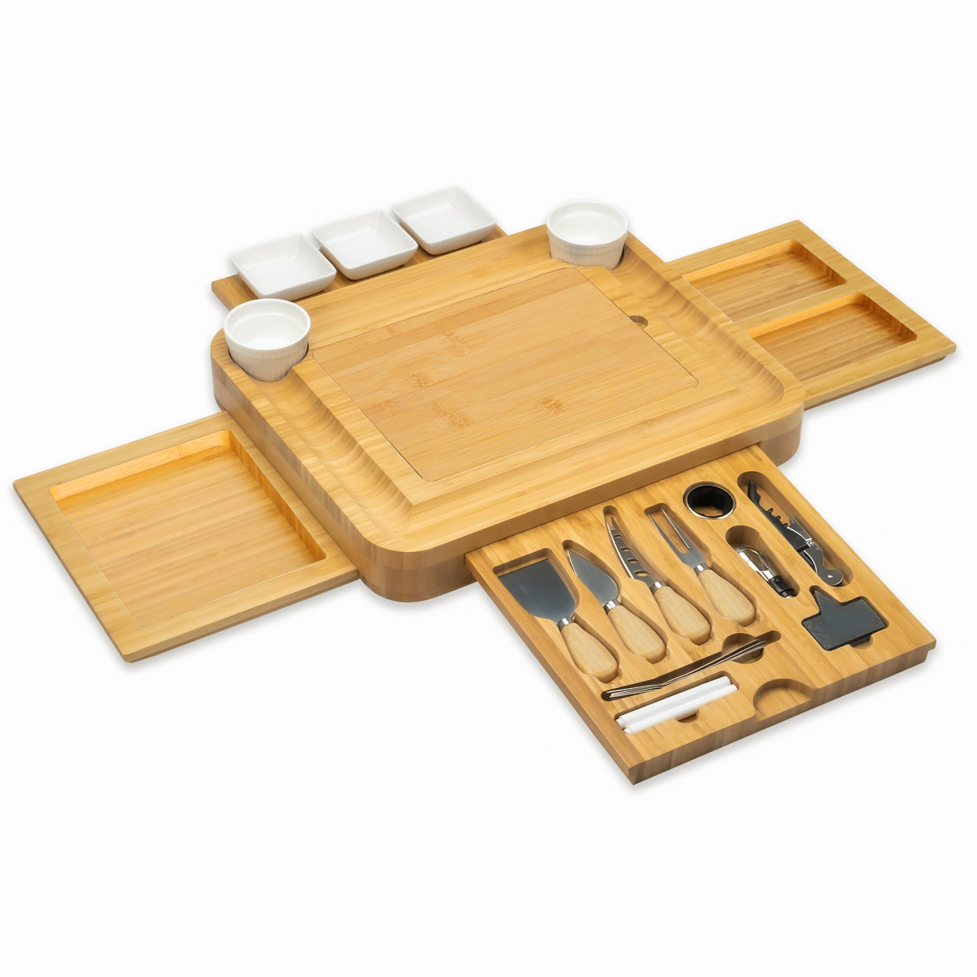 Bamboo Cheese Board Set ? 4-Drawer Charcuterie Platter with Ceramic Bowls & Utensils