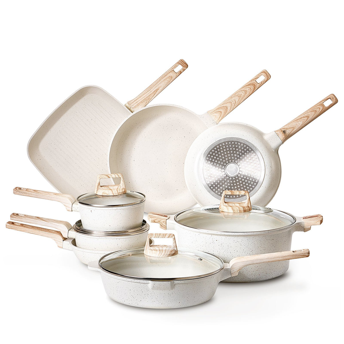 19-Piece Nonstick Granite Cookware Set – Induction Pots & Pans with Glass Lids & Pan Protectors (White)