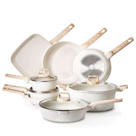 19-Piece Nonstick Granite Cookware Set – Induction Pots & Pans with Glass Lids & Pan Protectors (White)