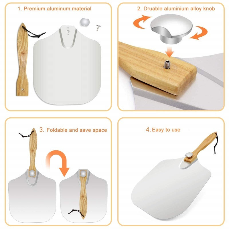 12" Aluminum Pizza Peel – Foldable Wooden Handle Pizza Paddle for Oven & Grill