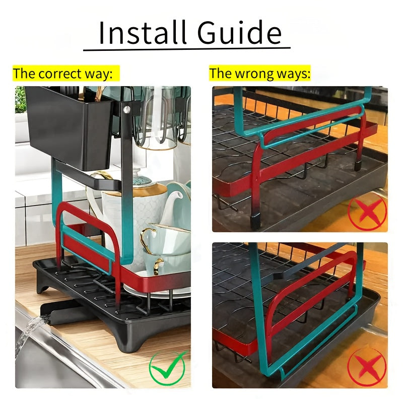1pc Large Capacity 2-Tier Dish Drying Rack with Drainboard, Double-Layer Bowl & Cup Rack, Detachable Over The Sink Organizer for Kitchen Counter, Black & White - Ideal for Plates, Bowls, Cups & Cutlery Storage, Dish Drying Ra