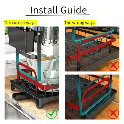 1pc Large Capacity 2-Tier Dish Drying Rack with Drainboard, Double-Layer Bowl & Cup Rack, Detachable Over The Sink Organizer for Kitchen Counter, Black & White - Ideal for Plates, Bowls, Cups & Cutlery Storage, Dish Drying Ra