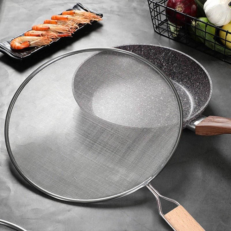 Stainless Steel Oil Splatter Screen ? Heat-Resistant Mesh with Wooden Handle