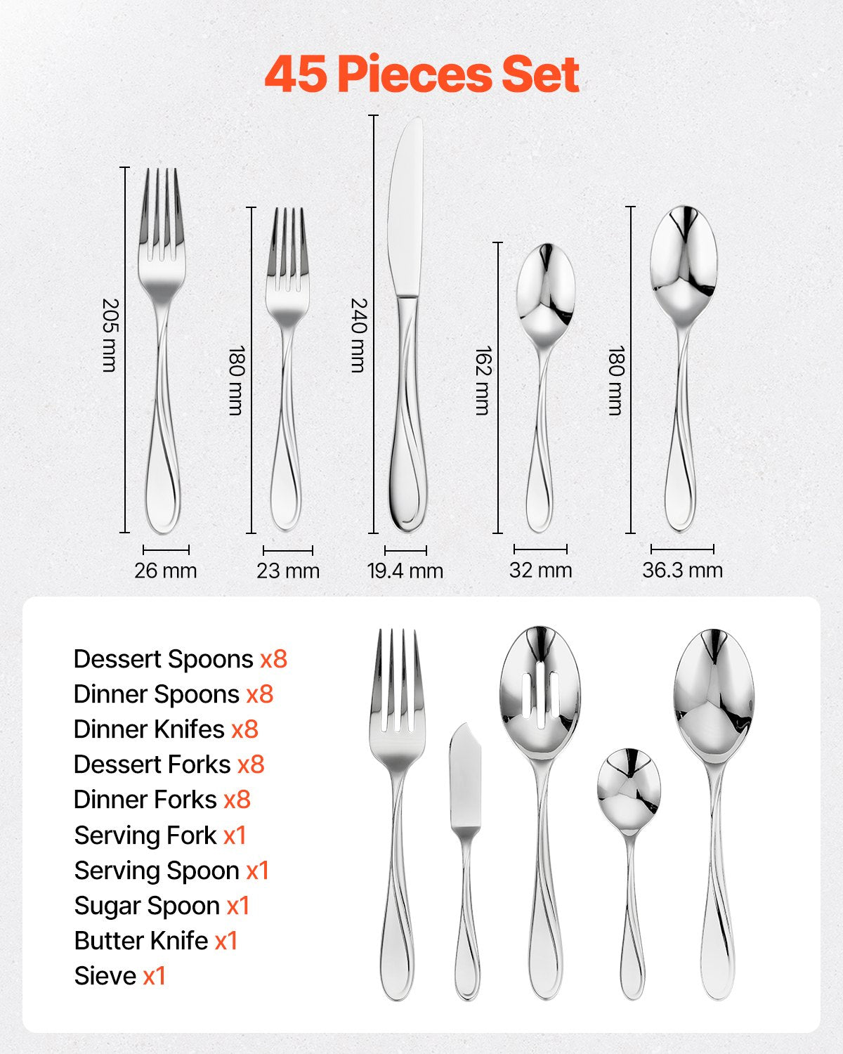 45-Piece Silverware Set, Food-Grade Stainless Steel Flatware Utensils, Mirror Finished Cutlery Set, Dishwasher Safe Eating Tableware For Kitchen Home, Service For 8, Include Knife Fork Spoon