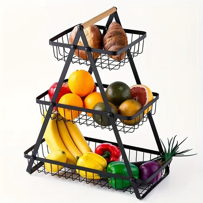 [2/3 Tier Metal Basket] 2/3 Tier High-Capacity Metal Fruit Basket | Portable Countertop Organizer for Fruits, Vegetables, Bread & Snacks | Detachable Rectangle Design for Kitchen Storage