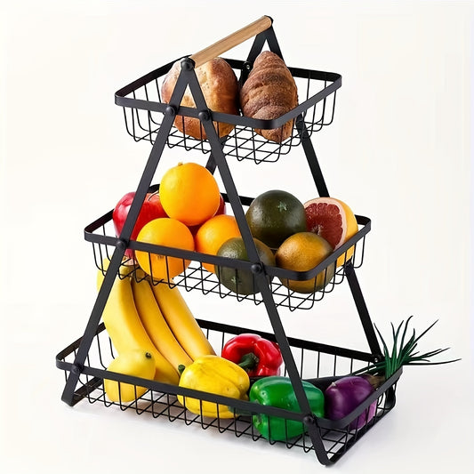 [2/3 Tier Metal Basket] 2/3 Tier High-Capacity Metal Fruit Basket | Portable Countertop Organizer for Fruits, Vegetables, Bread & Snacks | Detachable Rectangle Design for Kitchen Storage