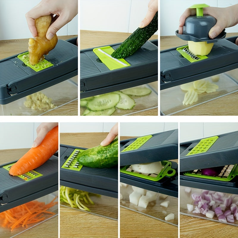 14-Piece Stainless Steel Vegetable Chopper Set - Multifunctional Fruit and Food Slicer, Grater, Cutter with Container, Interchangeable Blades, and Onion Mincer - Manual Operation, Easy to Use, Space-Saving, and Durable Kitche