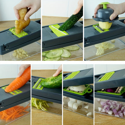 14-Piece Stainless Steel Vegetable Chopper Set - Multifunctional Fruit and Food Slicer, Grater, Cutter with Container, Interchangeable Blades, and Onion Mincer - Manual Operation, Easy to Use, Space-Saving, and Durable Kitche