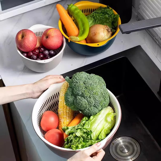 Double-layer Vegetable Washing Basin Draining Basket Six-piece Set Kitchen Living Room Household Washing Fruit Plate Simple Plastic Rice Washing Vegetable Basket