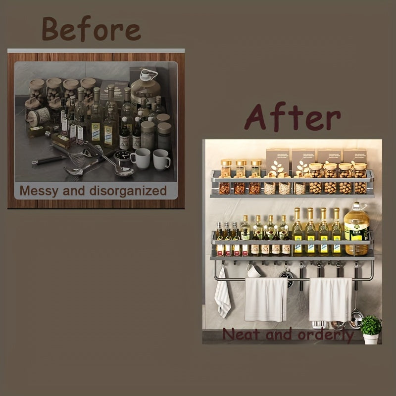 1pc Wall-Mounted Multi-Functional Spice Rack - Space-Saving Storage Shelf for Kitchen and Bathroom, Easy Installation, Punching-Free, Adjustable, Durable, and Rust-Resistant - Perfect Kitchen Organizer and Accessory for Maxim