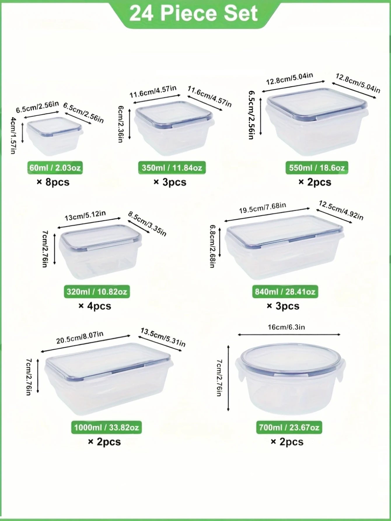 24pcs Refrigerator Sealed Jar, Microwaveable, Transparent Food Storage Container, Kitchen Organizer Box, Lunch Box