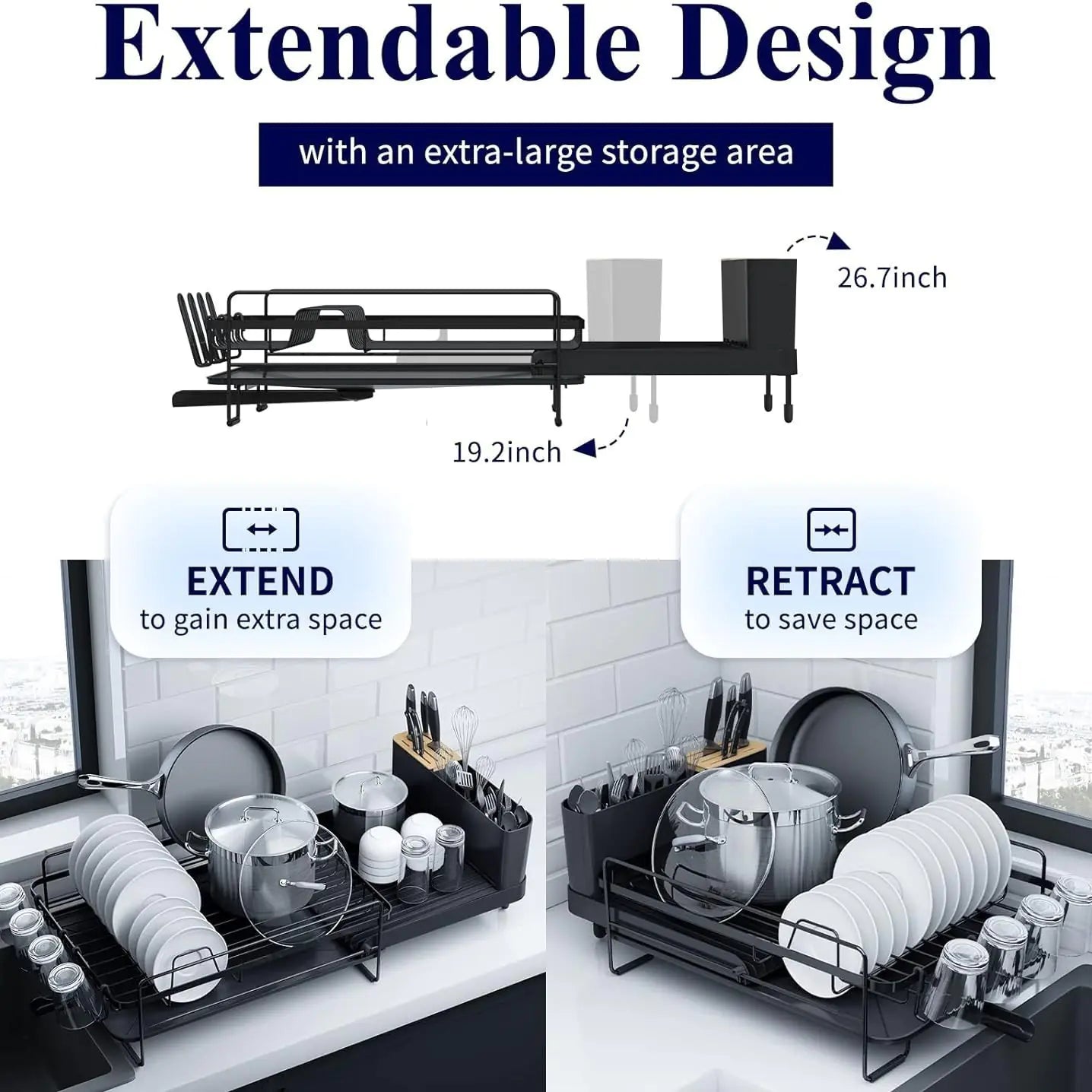 Retractable Kitchen Dish Cutlery & Cup Draining Rack