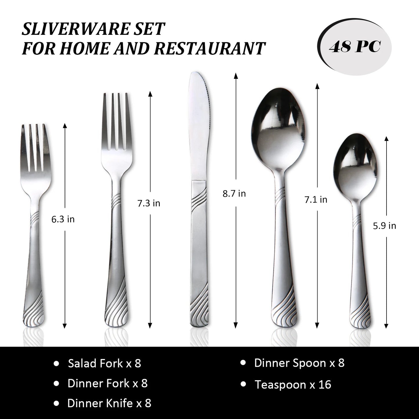 HANSMART 48Pcs Flatware Set Service for 8 Stainless Steel Knife Fork Spoon Tableware Flatware Set Kitchen Dinnerware Gift