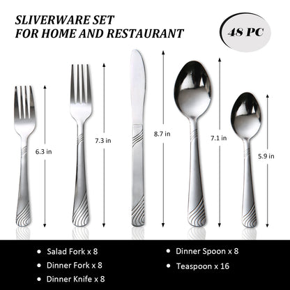 HANSMART 48Pcs Flatware Set Service for 8 Stainless Steel Knife Fork Spoon Tableware Flatware Set Kitchen Dinnerware Gift
