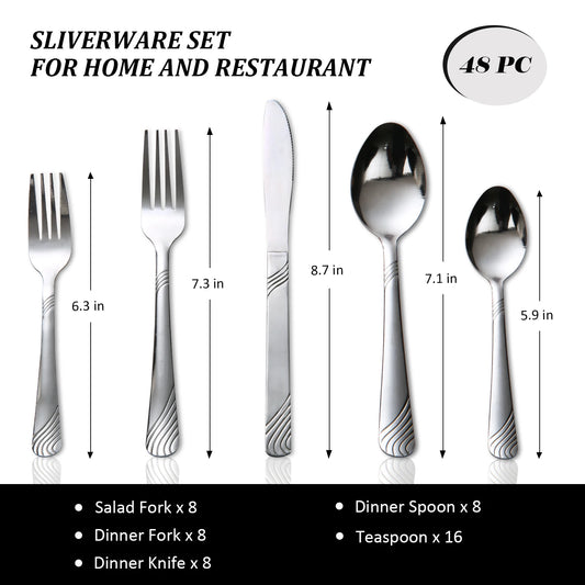 HANSMART 48Pcs Flatware Set Service for 8 Stainless Steel Knife Fork Spoon Tableware Flatware Set Kitchen Dinnerware Gift