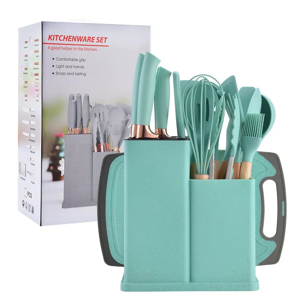Food Grade 19 Pcs Silicone Kitchen Utensil Set With Wooden Handle Cooking Tools Cuttings Board Storage Bucket Kitchen Gadget Set