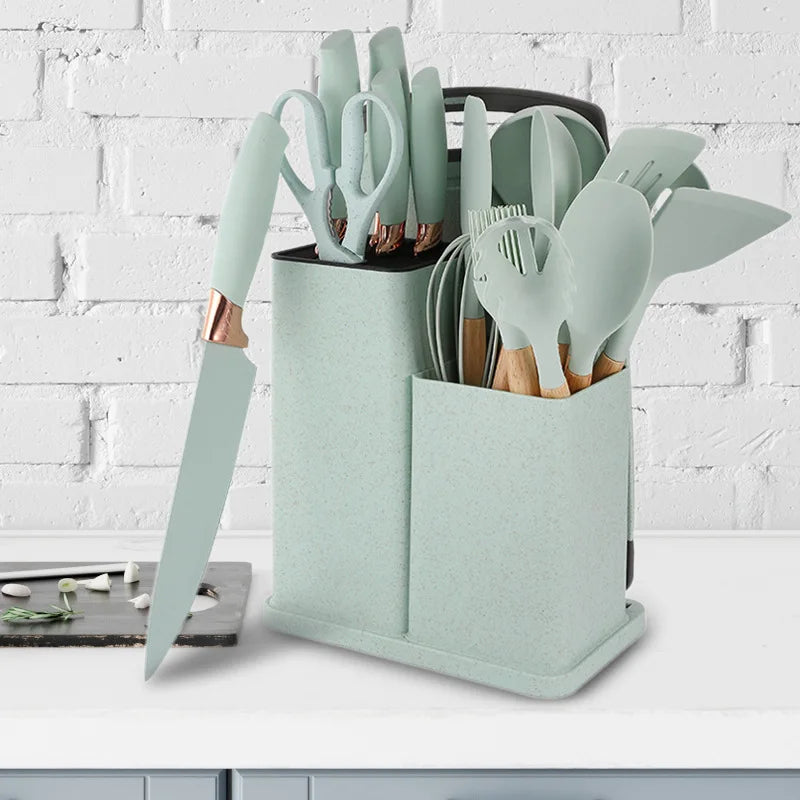 Food Grade 19 Pcs Silicone Kitchen Utensil Set With Wooden Handle Cooking Tools Cuttings Board Storage Bucket Kitchen Gadget Set