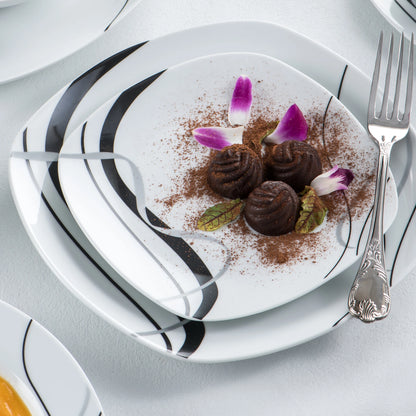 VEWEET FIONA Porcelain Tableware Set – 30/60-Piece Black Line Dinner, Soup & Dessert Plates with Cups & Saucers