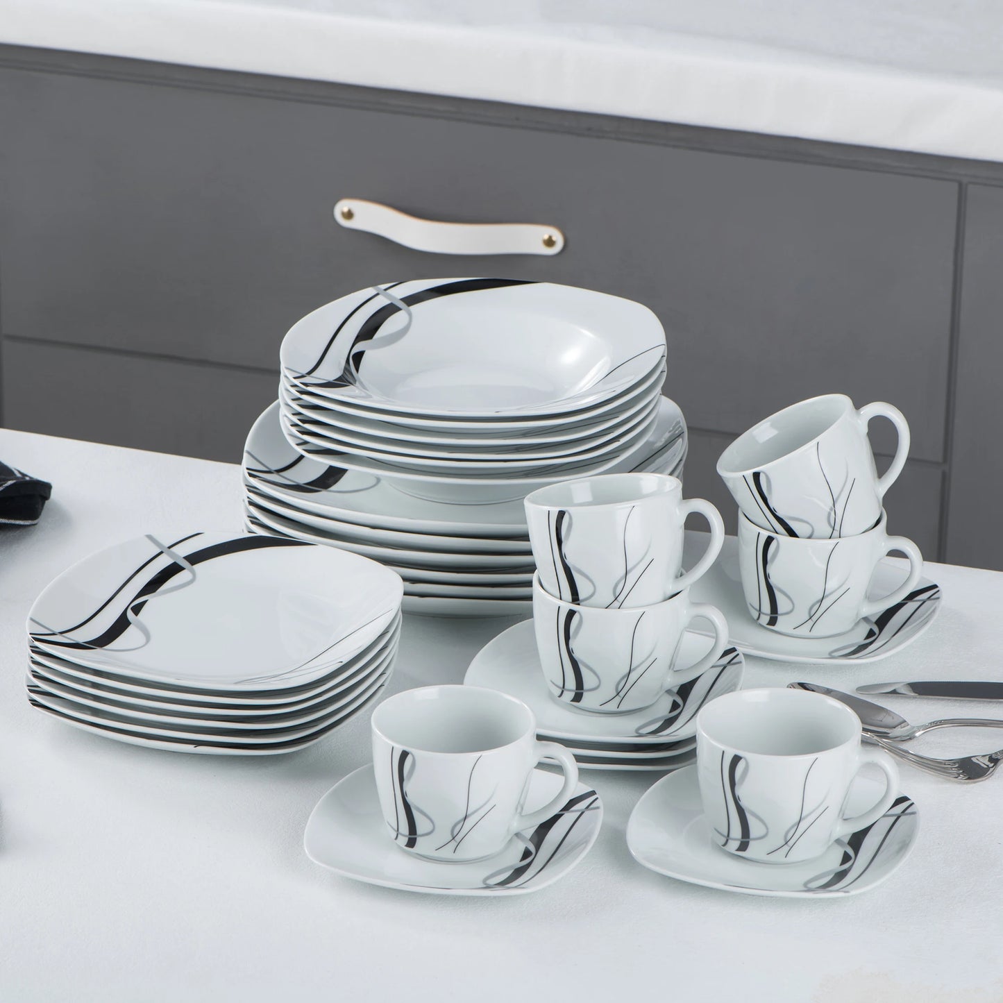 VEWEET FIONA Porcelain Tableware Set – 30/60-Piece Black Line Dinner, Soup & Dessert Plates with Cups & Saucers