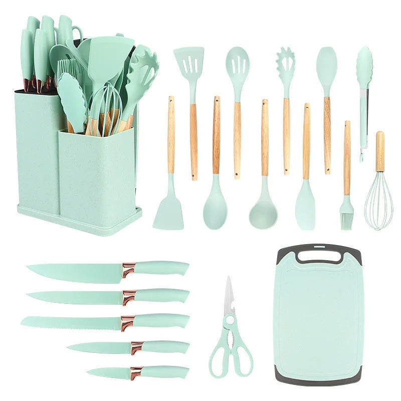 Food Grade 19 Pcs Silicone Kitchen Utensil Set With Wooden Handle Cooking Tools Cuttings Board Storage Bucket Kitchen Gadget Set