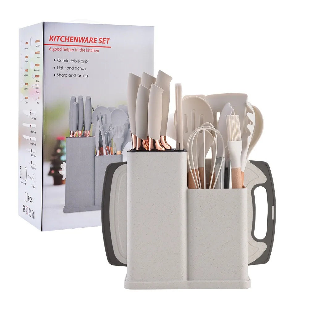 Food Grade 19 Pcs Silicone Kitchen Utensil Set With Wooden Handle Cooking Tools Cuttings Board Storage Bucket Kitchen Gadget Set