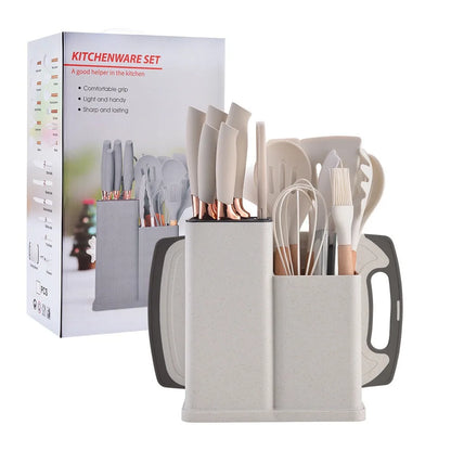 Food Grade 19 Pcs Silicone Kitchen Utensil Set With Wooden Handle Cooking Tools Cuttings Board Storage Bucket Kitchen Gadget Set