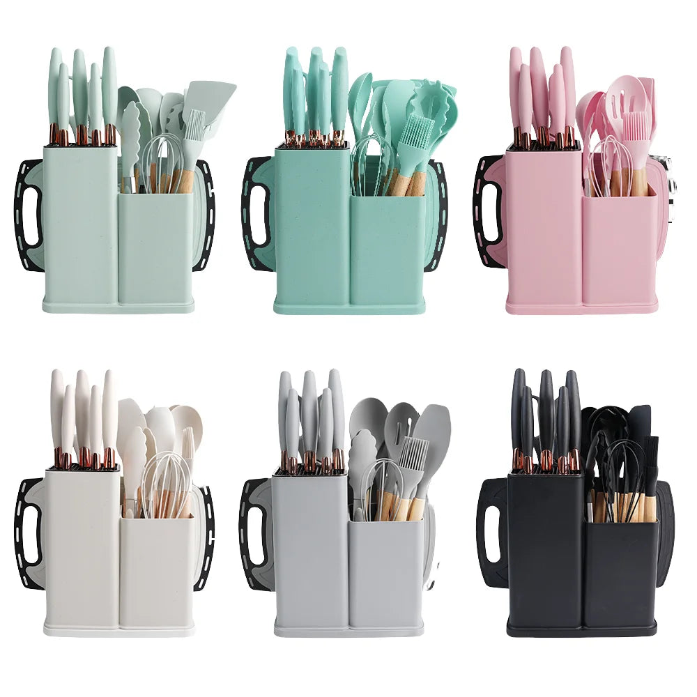 Food Grade 19 Pcs Silicone Kitchen Utensil Set With Wooden Handle Cooking Tools Cuttings Board Storage Bucket Kitchen Gadget Set