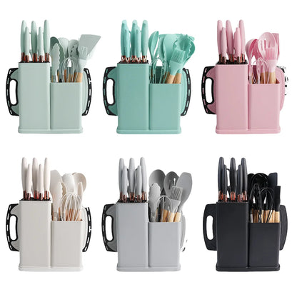 Food Grade 19 Pcs Silicone Kitchen Utensil Set With Wooden Handle Cooking Tools Cuttings Board Storage Bucket Kitchen Gadget Set