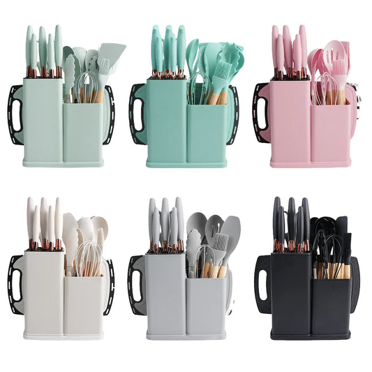 Food Grade 19 Pcs Silicone Kitchen Utensil Set With Wooden Handle Cooking Tools Cuttings Board Storage Bucket Kitchen Gadget Set