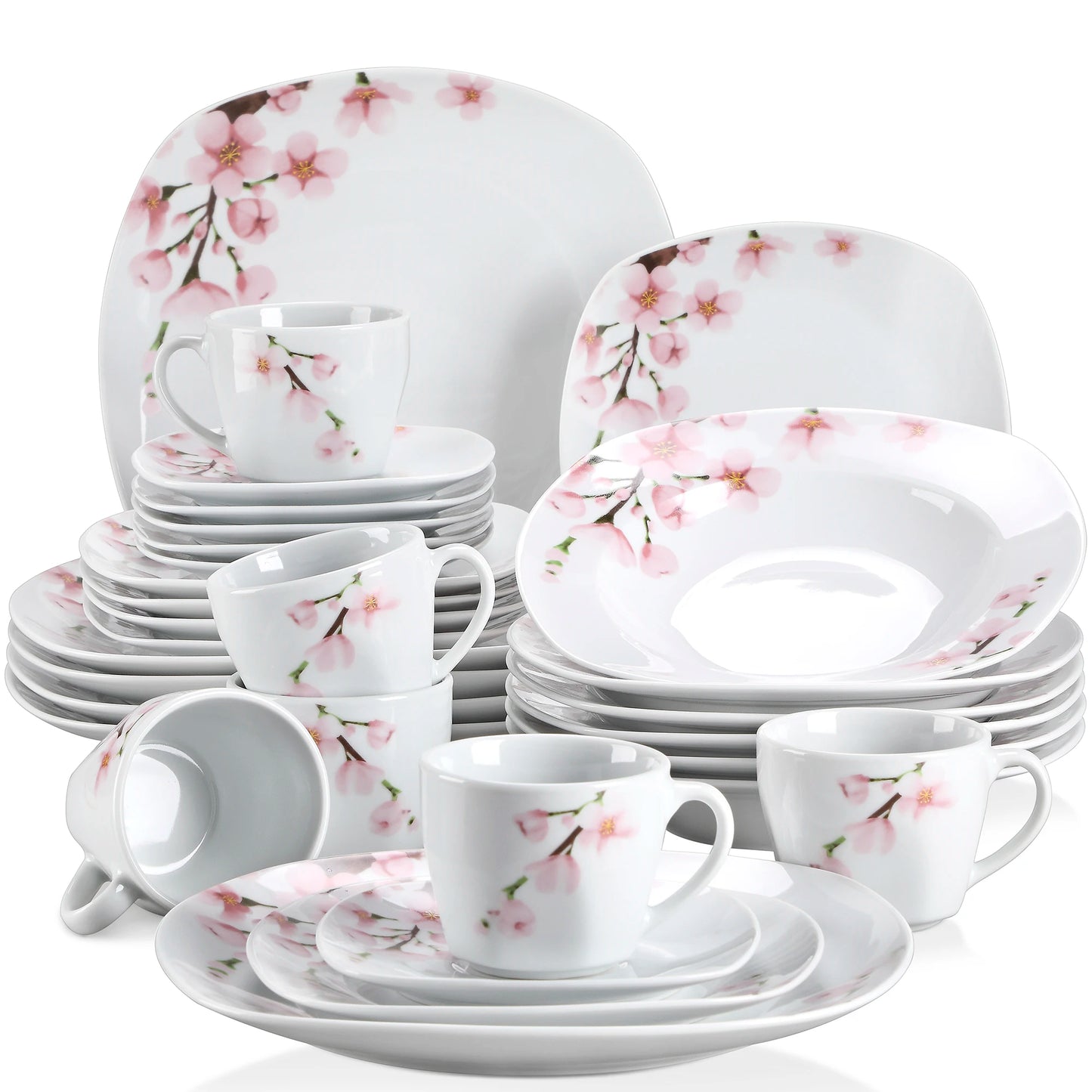 VEWEET ANNIE 60-Piece Porcelain Dinnerware Set – White Ceramic Pink Floral Plates, Bowls, Cups & Saucers for 12 People