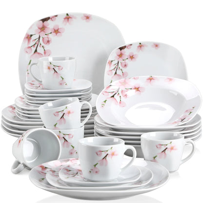 VEWEET ANNIE 60-Piece Porcelain Dinnerware Set – White Ceramic Pink Floral Plates, Bowls, Cups & Saucers for 12 People