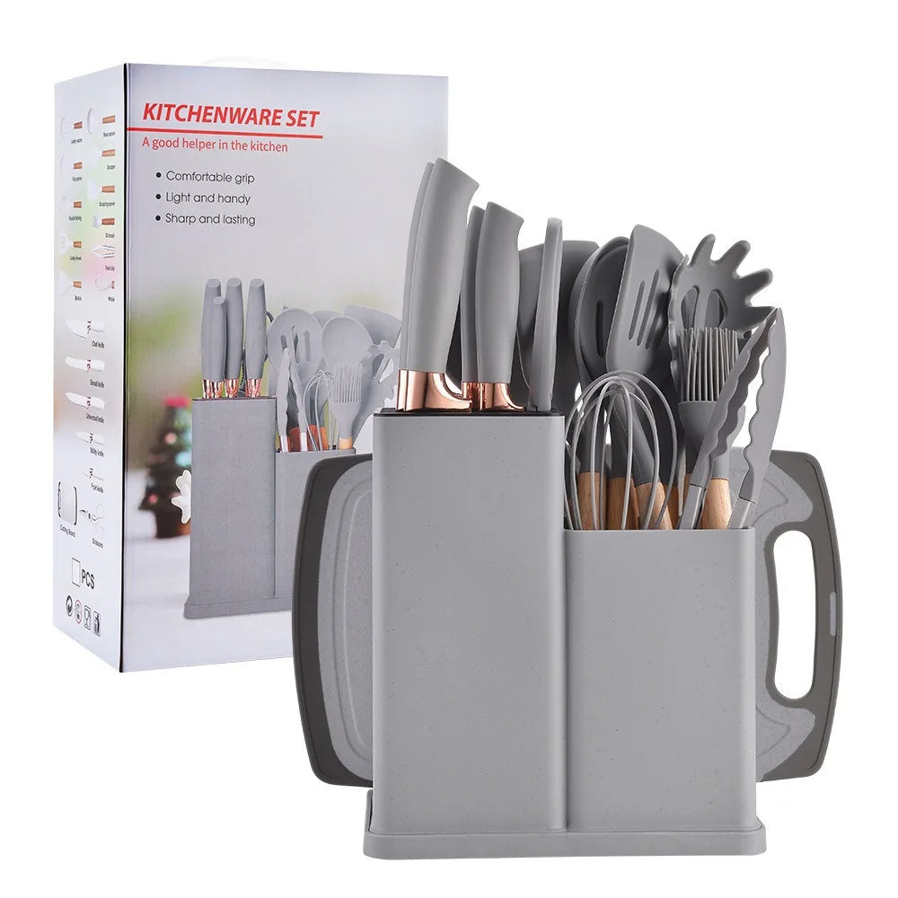 Food Grade 19 Pcs Silicone Kitchen Utensil Set With Wooden Handle Cooking Tools Cuttings Board Storage Bucket Kitchen Gadget Set