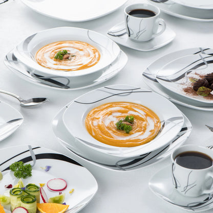 VEWEET FIONA Porcelain Tableware Set – 30/60-Piece Black Line Dinner, Soup & Dessert Plates with Cups & Saucers