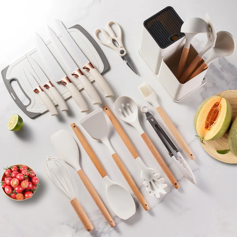 Food Grade 19 Pcs Silicone Kitchen Utensil Set With Wooden Handle Cooking Tools Cuttings Board Storage Bucket Kitchen Gadget Set