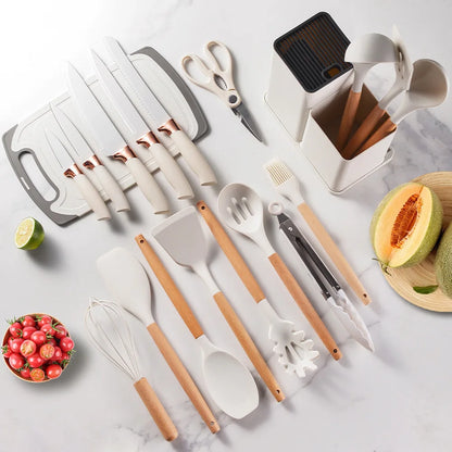 Food Grade 19 Pcs Silicone Kitchen Utensil Set With Wooden Handle Cooking Tools Cuttings Board Storage Bucket Kitchen Gadget Set