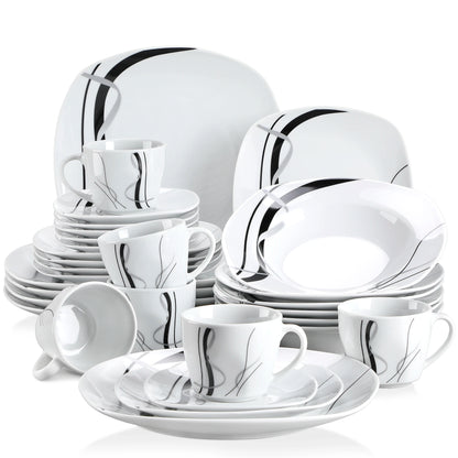 VEWEET FIONA Porcelain Tableware Set – 30/60-Piece Black Line Dinner, Soup & Dessert Plates with Cups & Saucers