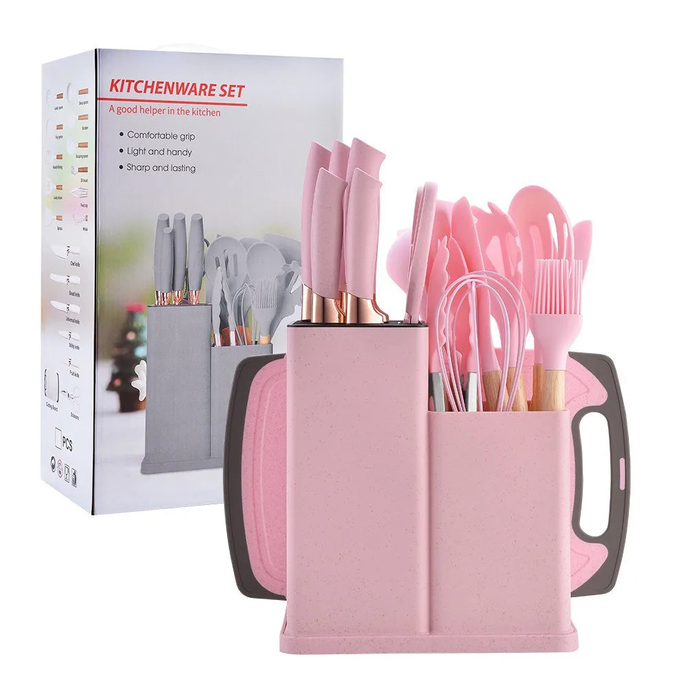 Food Grade 19 Pcs Silicone Kitchen Utensil Set With Wooden Handle Cooking Tools Cuttings Board Storage Bucket Kitchen Gadget Set