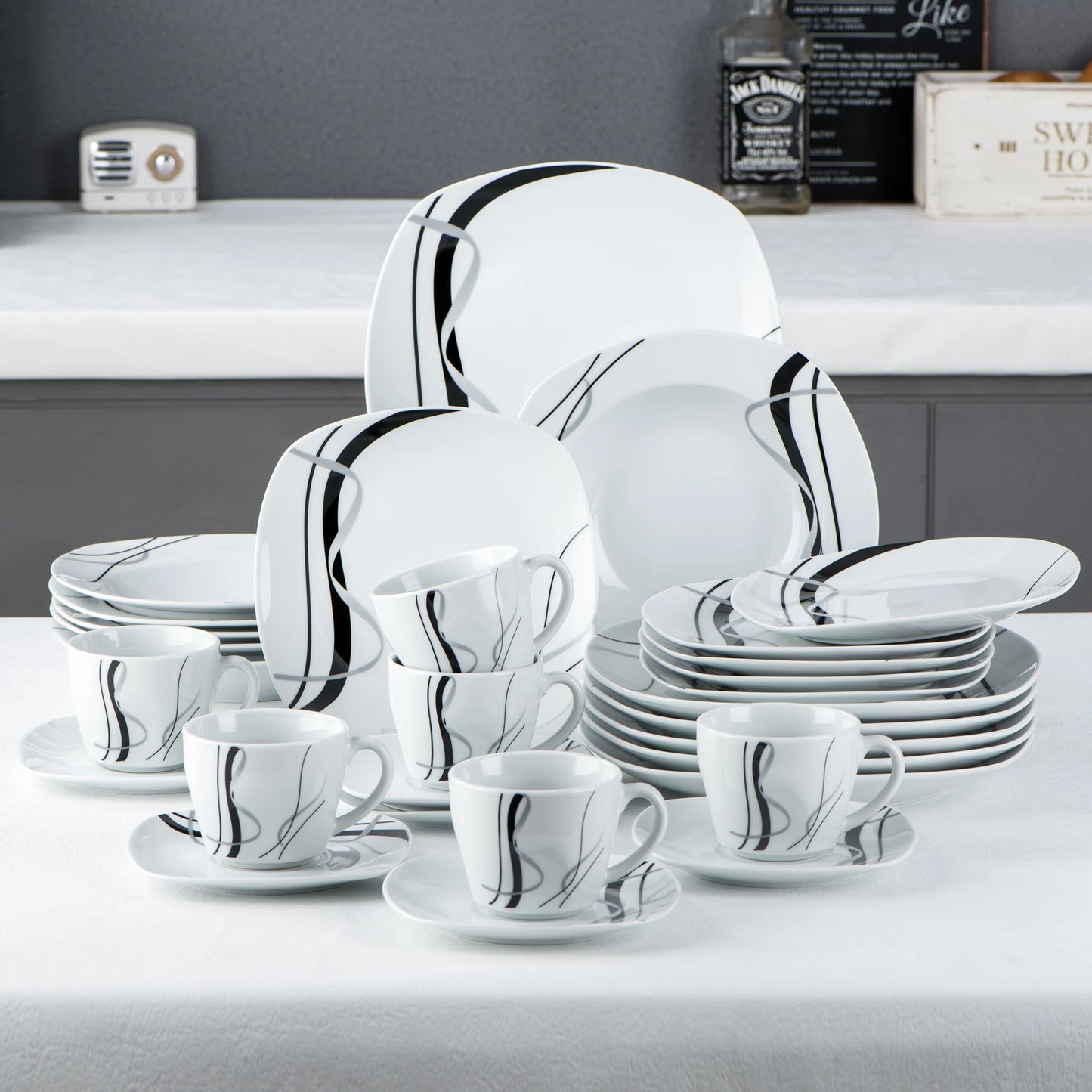VEWEET FIONA Porcelain Tableware Set – 30/60-Piece Black Line Dinner, Soup & Dessert Plates with Cups & Saucers